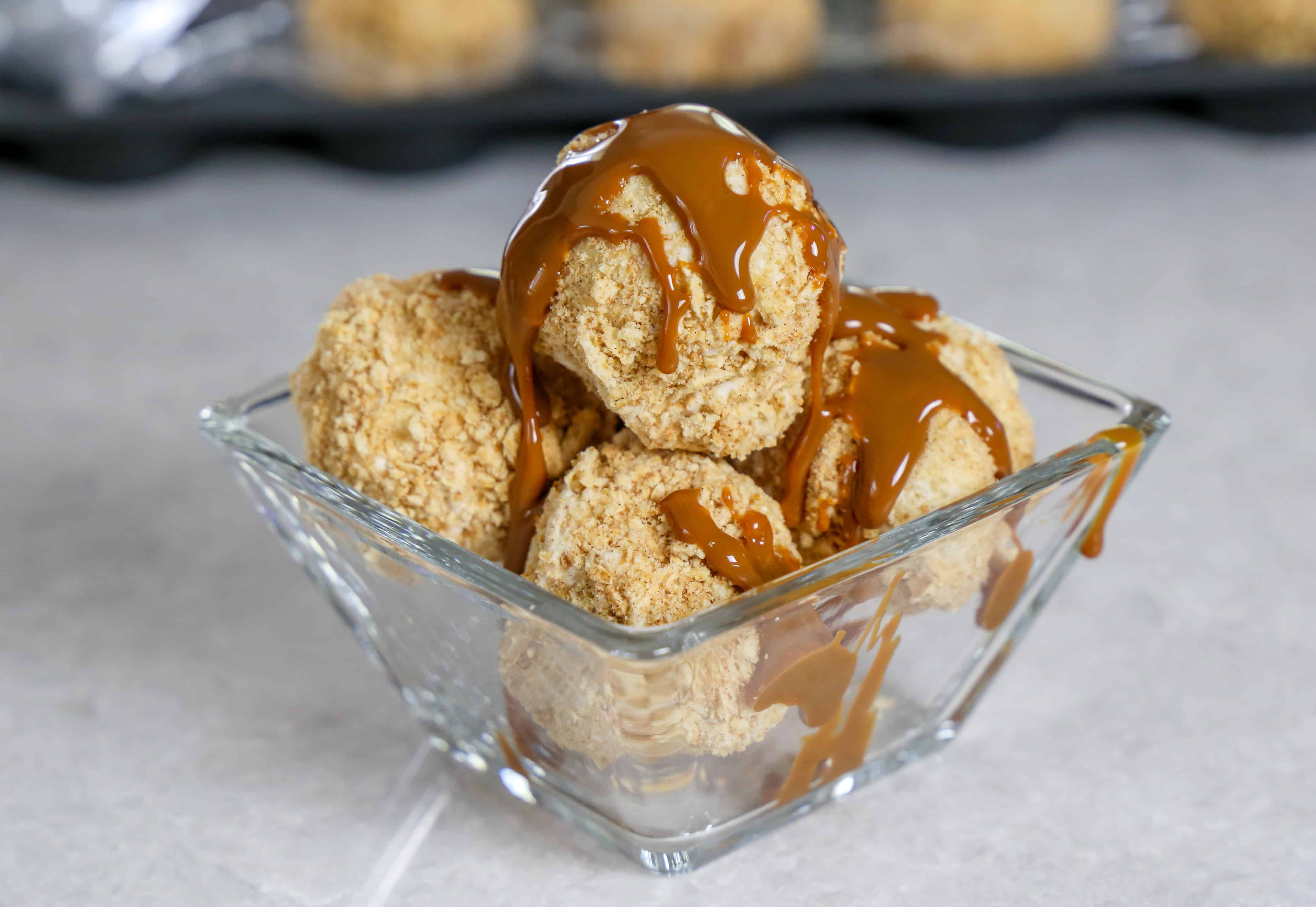Unfried ice cream is a great way to end your meal. Bowl of ice cream with caramel drizzle.