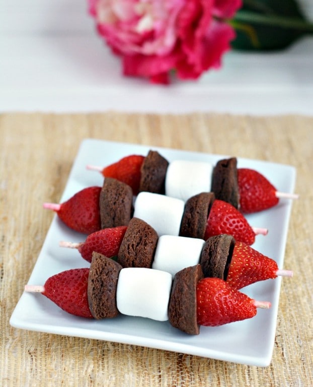 Brownie Fruit Kabobs Brownies, Strawberries, and Marshmallows on a stick