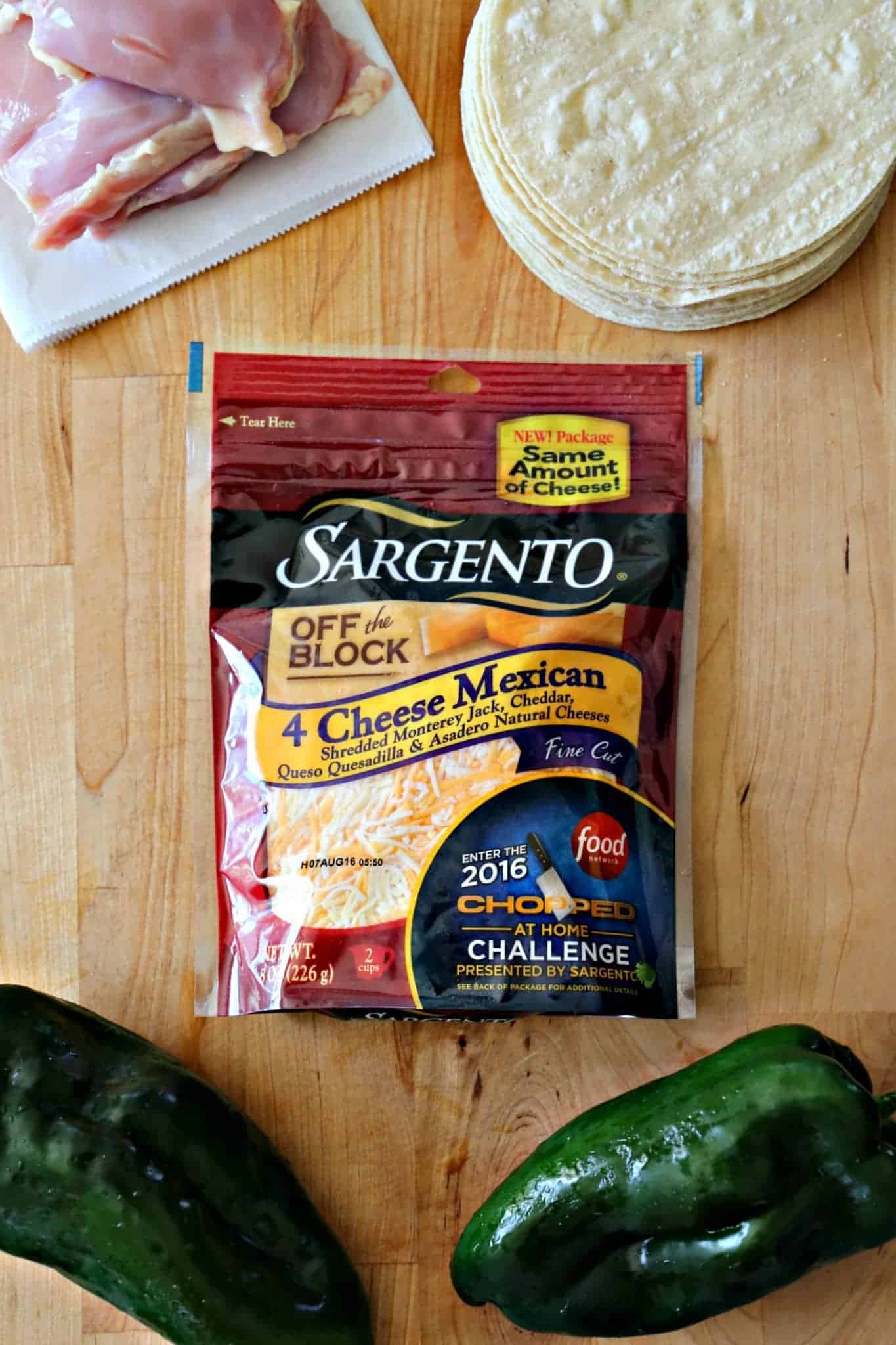 Sargento 4 Cheese Mexican blend, chicken thighs, and tortillas.