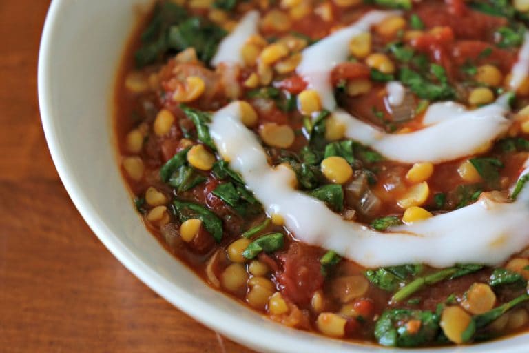 Spinach and Tomato Dal bowl of Spinach and Tomato Dal