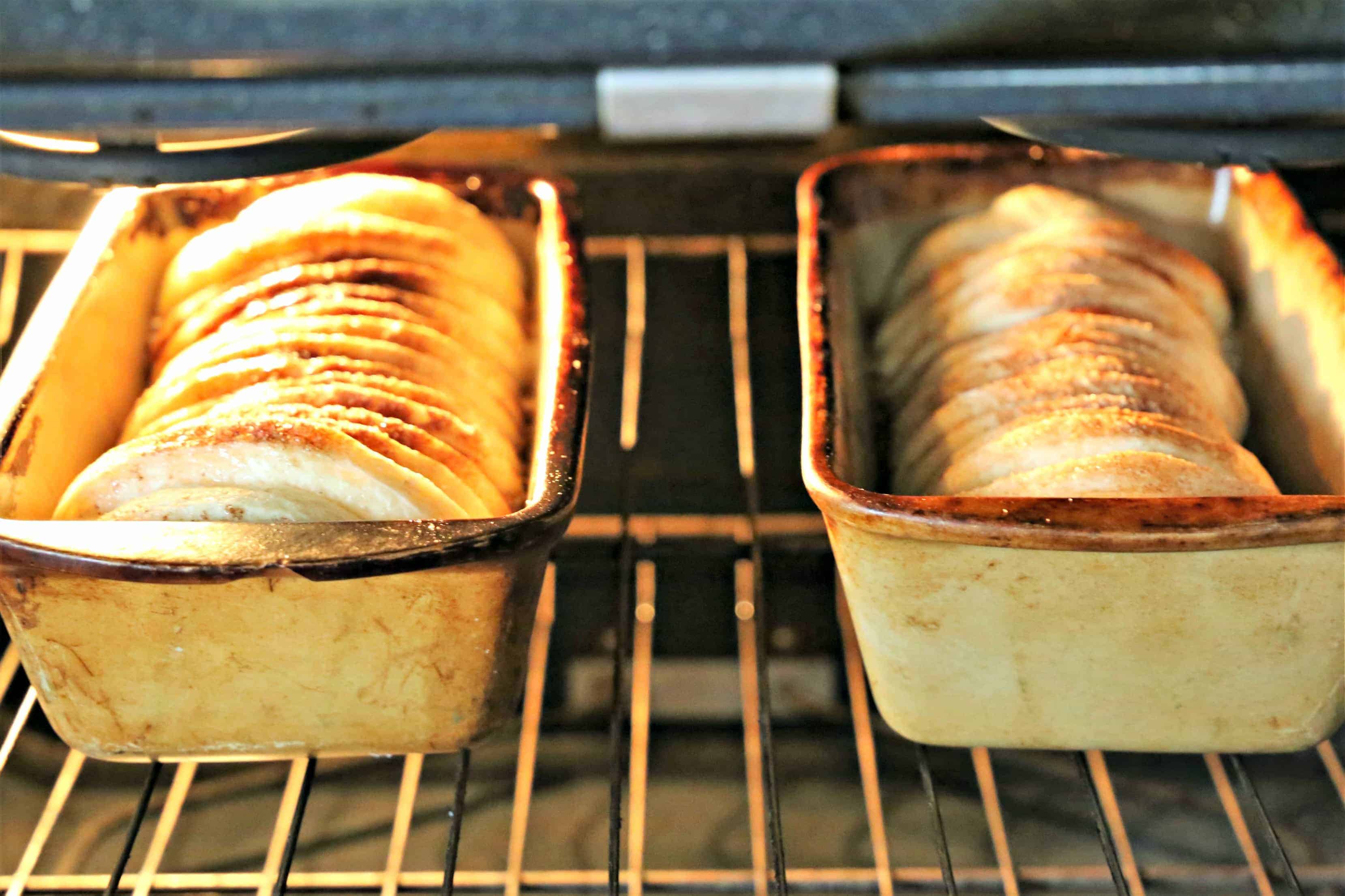 Loaves of bread baking in an oven.