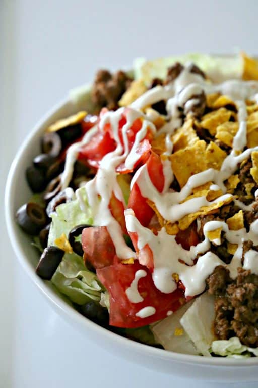 Doritos Cool Ranch Taco Salad bowl of Cool Ranch Doritos Taco Salad