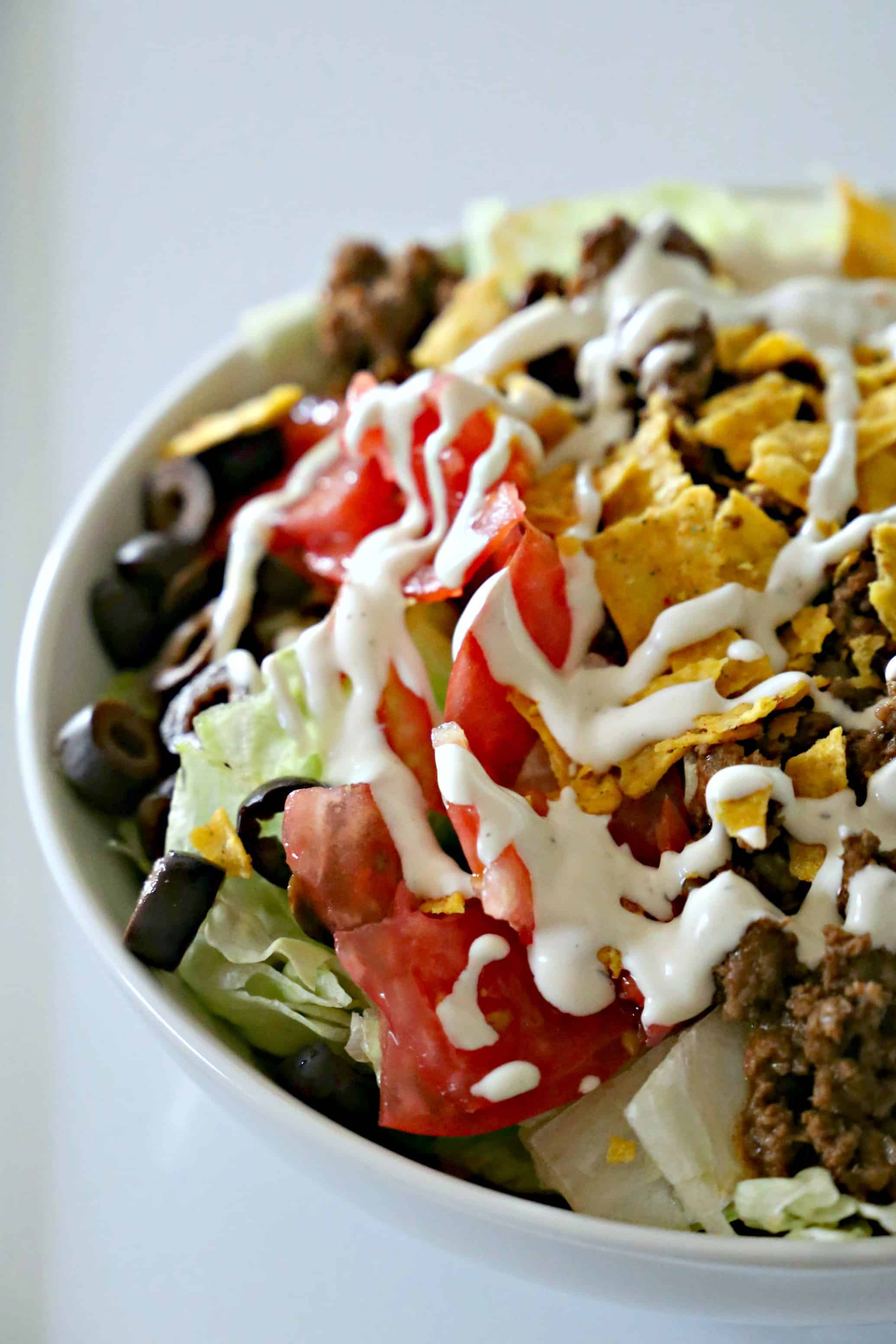 Doritos Cool Ranch Taco Salad Bowl of Cool Ranch Doritos Taco Salad.