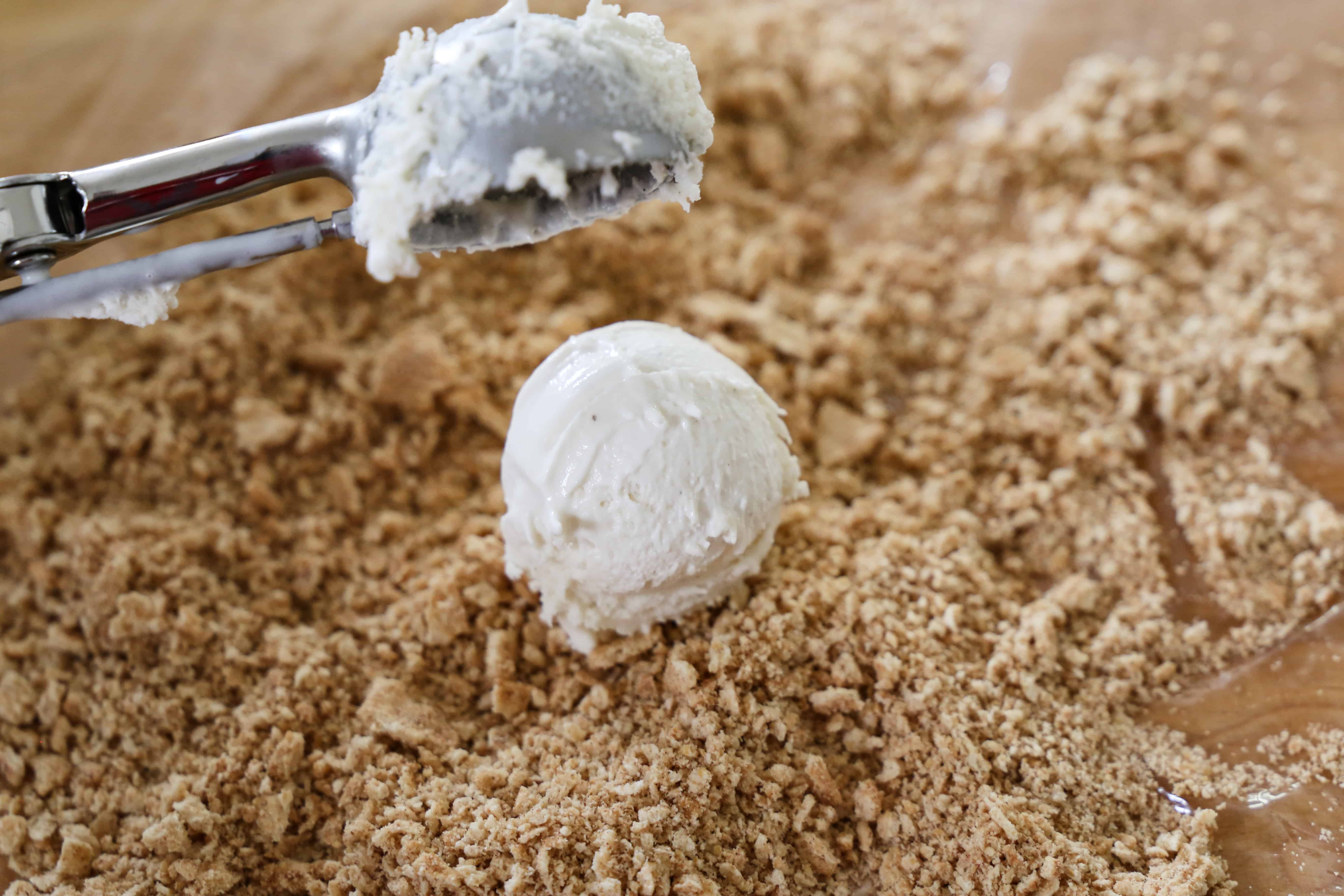 Scoop of ice cream on top of cereal.