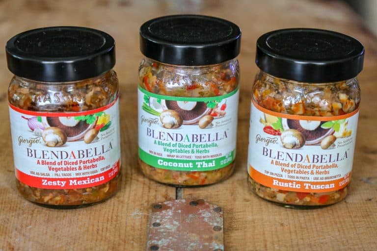 Zesty Mexican, Coconut Thai, and Rustic Tuscan Blendabellas three jars of blended portabella mushrooms