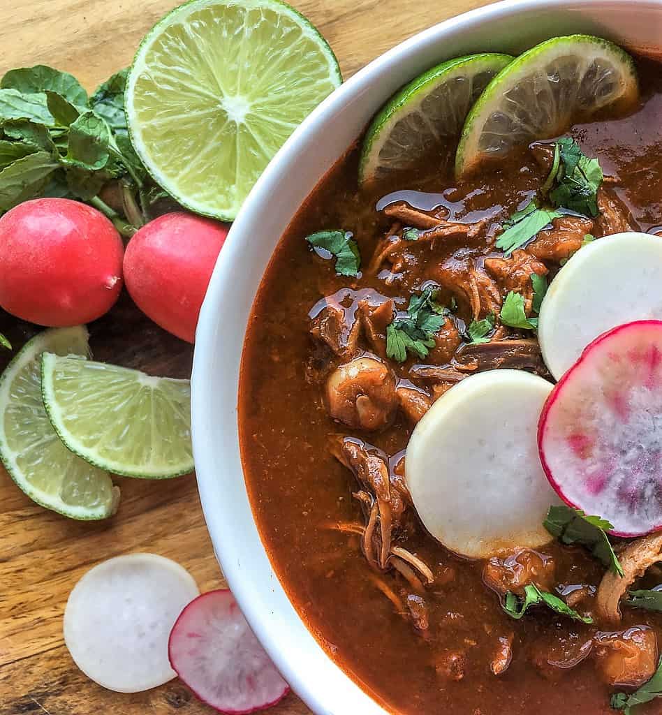 Pozole Rojo de Pollo bowl of pozole rojo