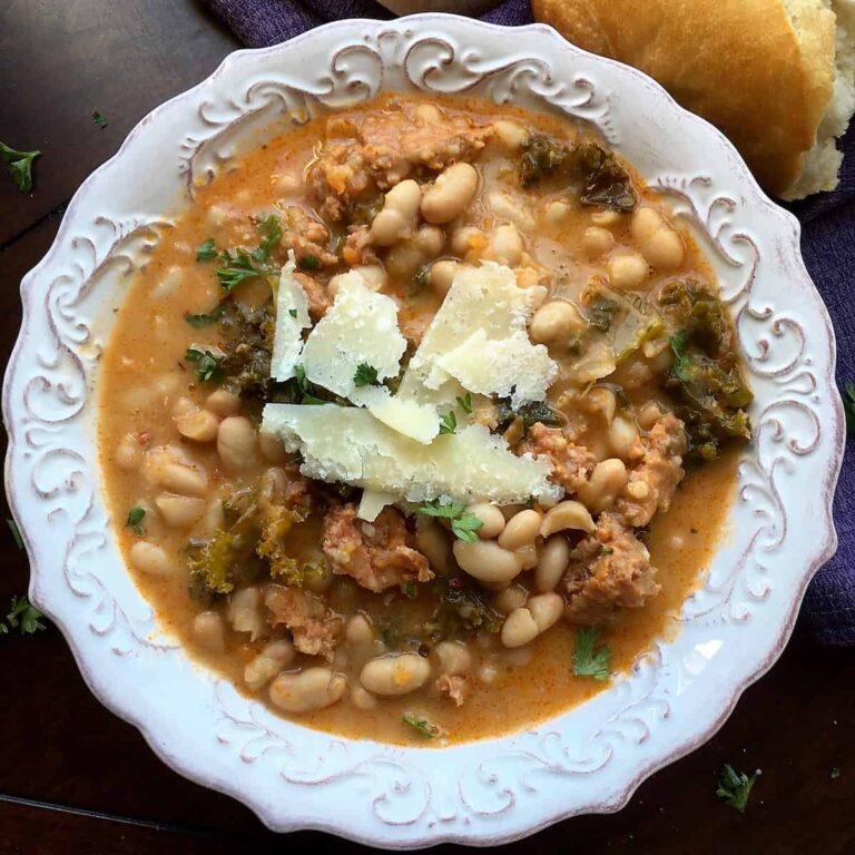 One-Skillet White Bean and Spicy Sausage Soup bowl of White Bean Soup with Spicy Sausage