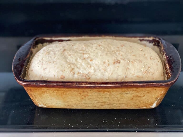 proofed bread in loaf pan