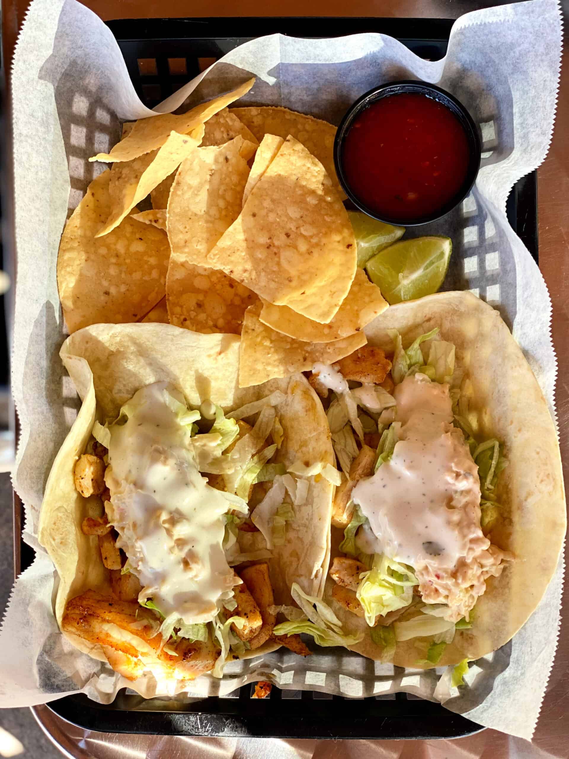 Baja Fish tacos and chips and salsa.