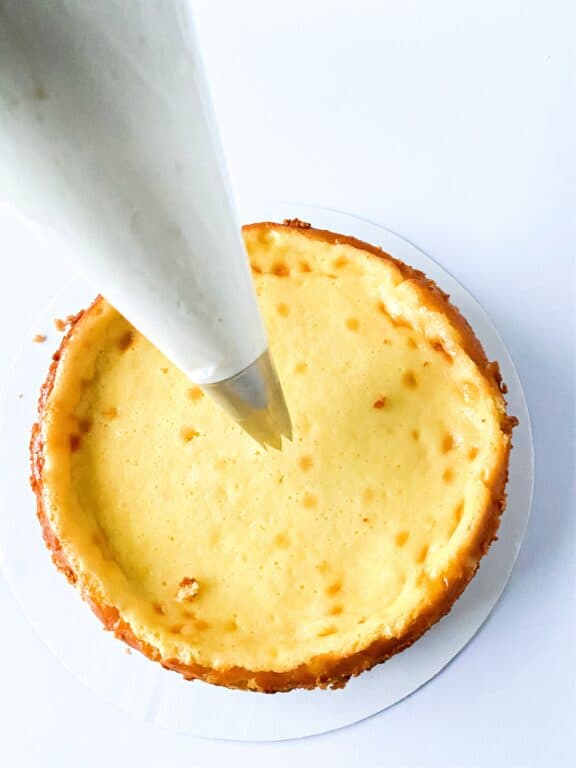 piping whipped cream on top of cheesecake