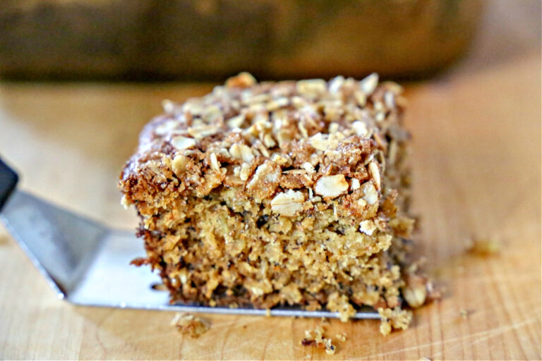 This banana oatmeal cake is a lot like banana bread. But a cake. slice of banana oatmeal cake