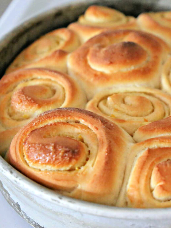 pan of baked orange rolls