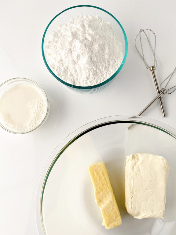 milk, butter, cream cheese, and powdered sugar