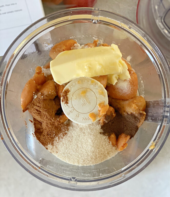 ingredients to make sweet potato casserole in a food processor