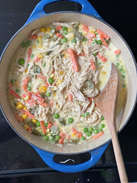 chicken pot pie mixture in a pot