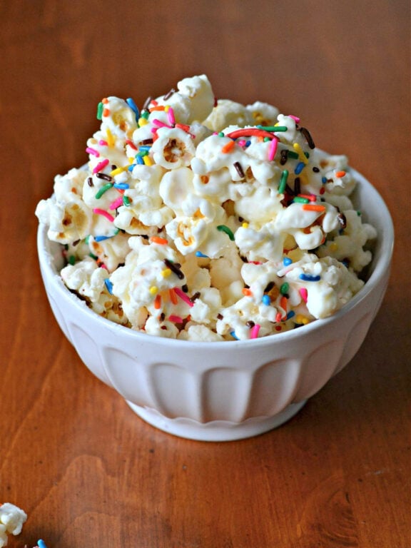 Funfetti Popcorn bowl of gourmet popcorn with sprinkles