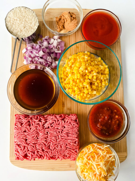 ground beef, beef broth, red onion, corn, rice, cheese, salsa, and seasonings