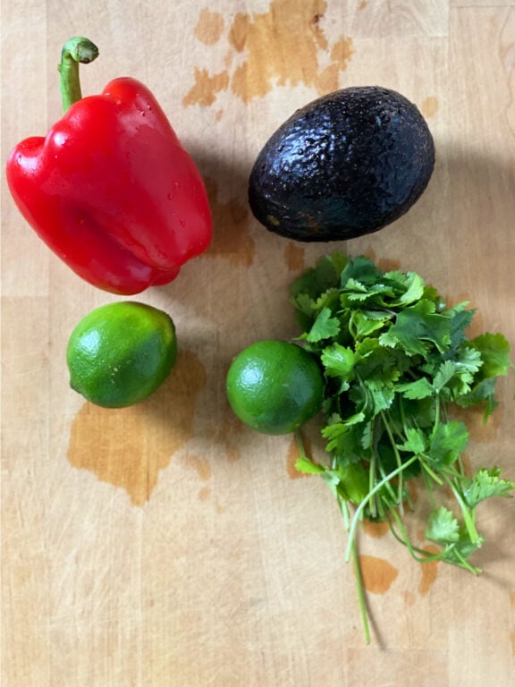 red bell pepper, avocado, limes, and cilantro