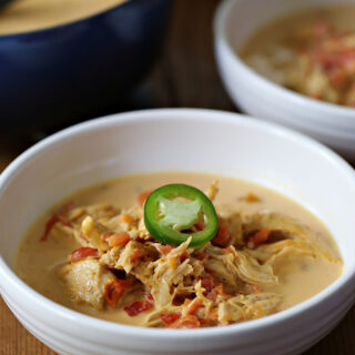 Bowl of chicken soup made with whipping cream, RoTel, and cheese.