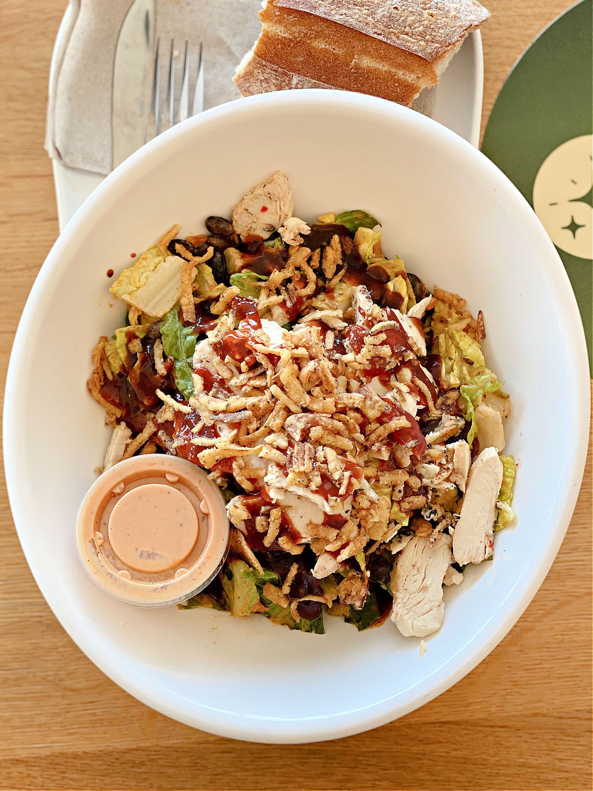 Panera's BBQ Chicken Salad and slice of French bread.