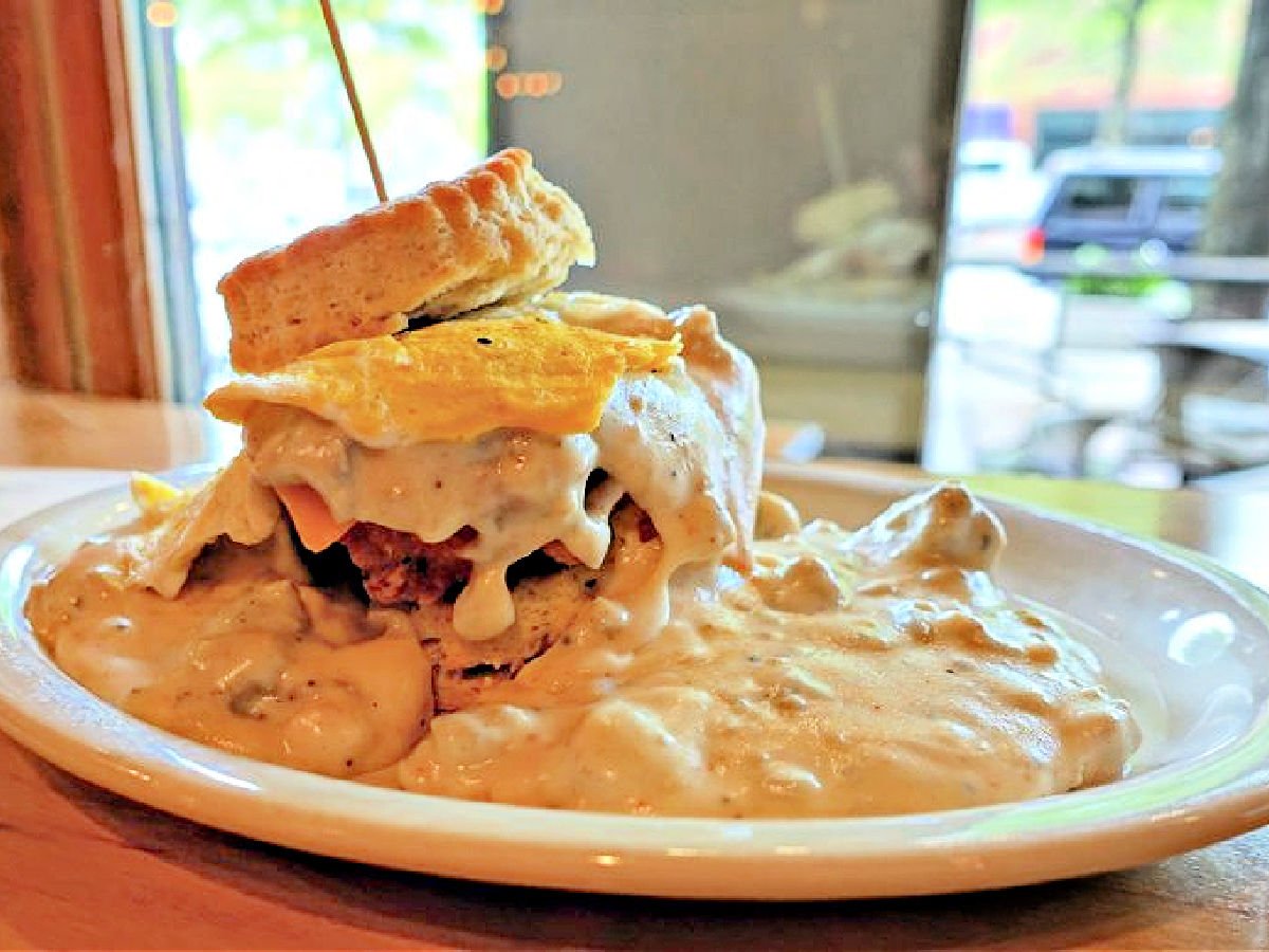 The Five and Dime Plate with biscuit, egg, cheese, and gravy.