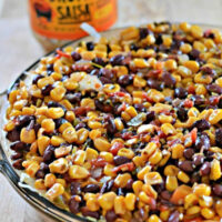 Black beans and corn in a glass dish.