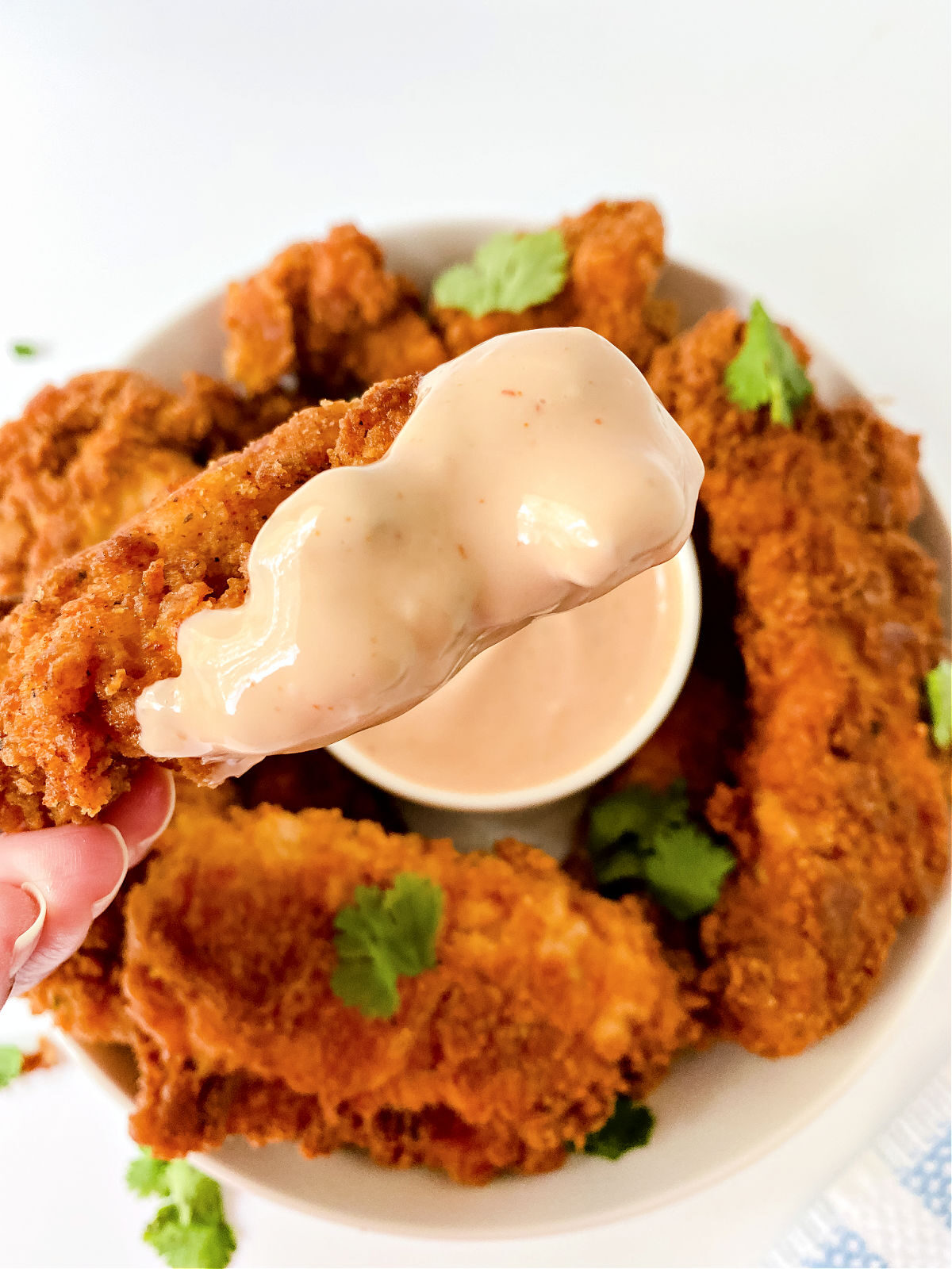 Chicken tender with homemade dipping sauce on the end.