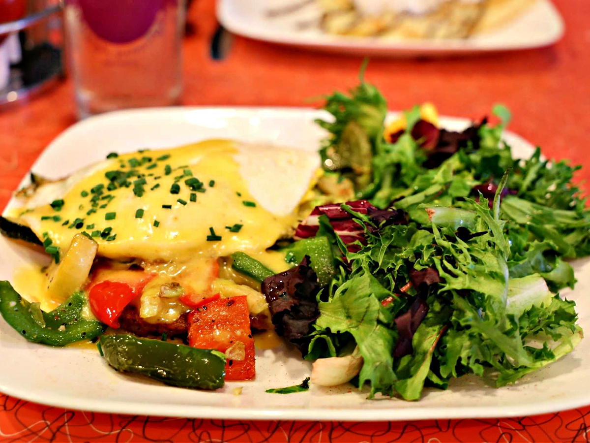 Where To Eat in Pittsburgh Roasted zucchini, squash, asparagus, onions, peppers, Brussels sprouts, 2 eggs over easy and hollandaise.