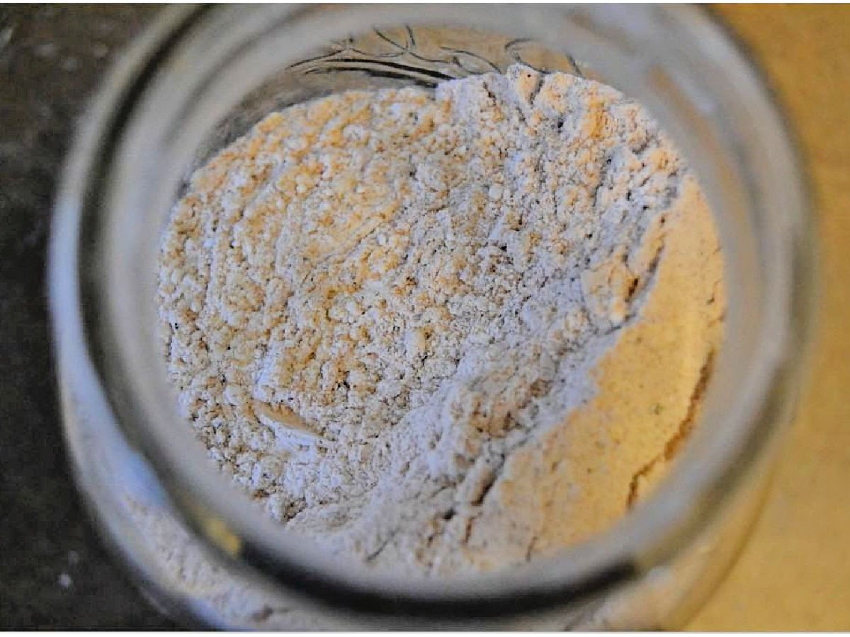 Seasoned flour mixture in a jar.