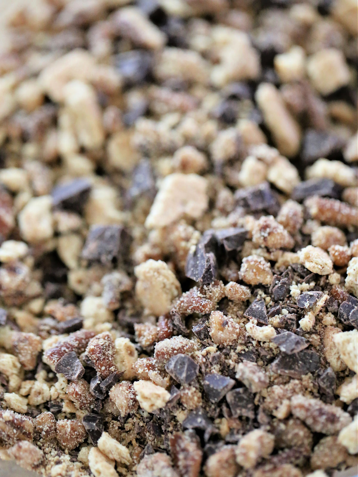 Chopped chocolate, graham crackers, and pecan pieces tossed together,