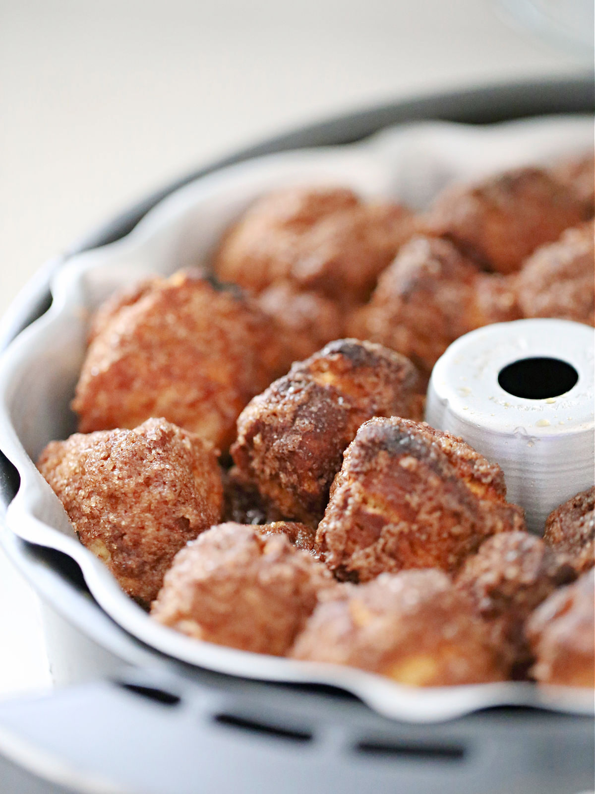 Air fryed monkey bread in a 6-inch Bundt pan.