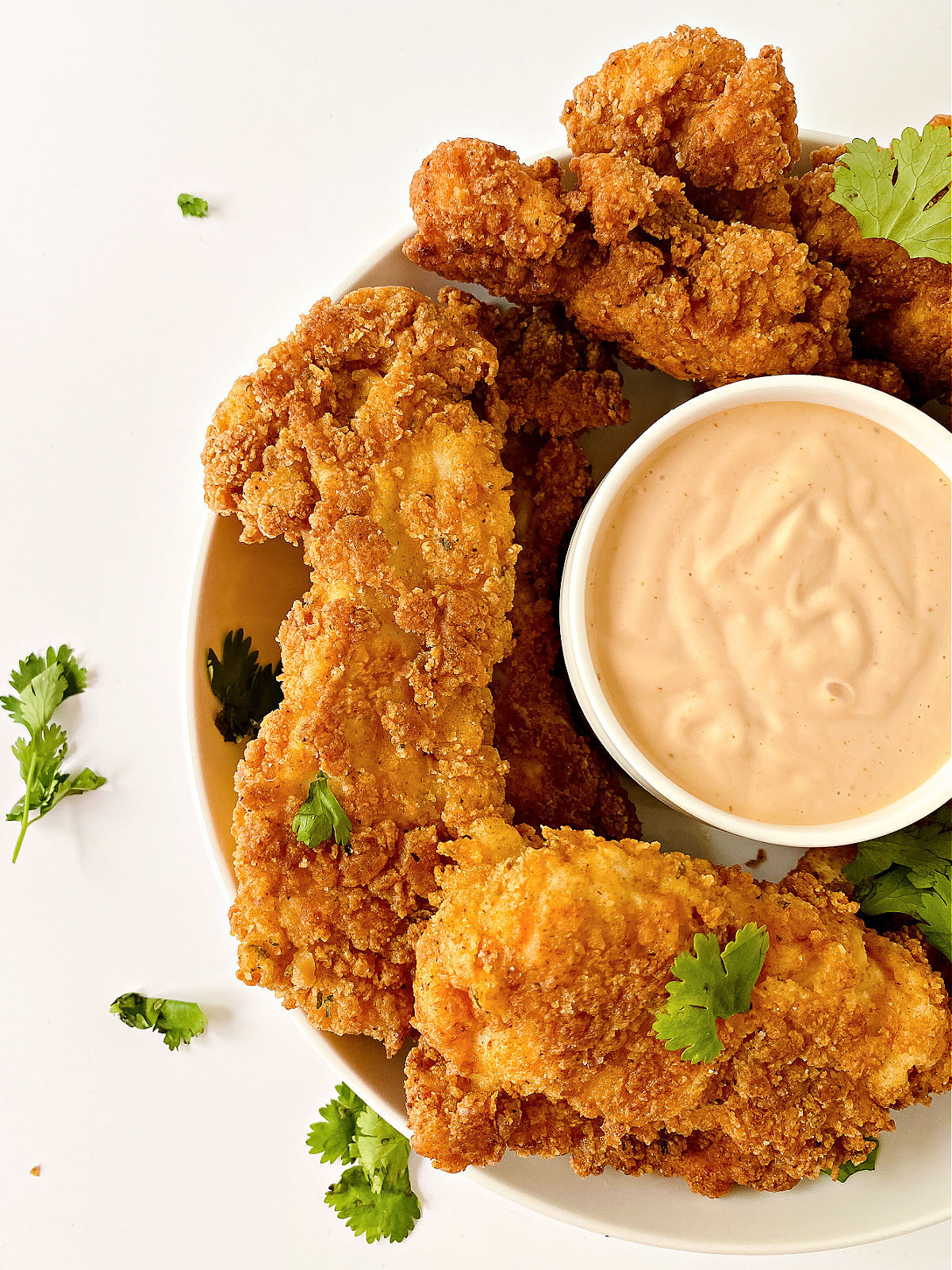 Plate of fried chicken fingers and dipping sauce.