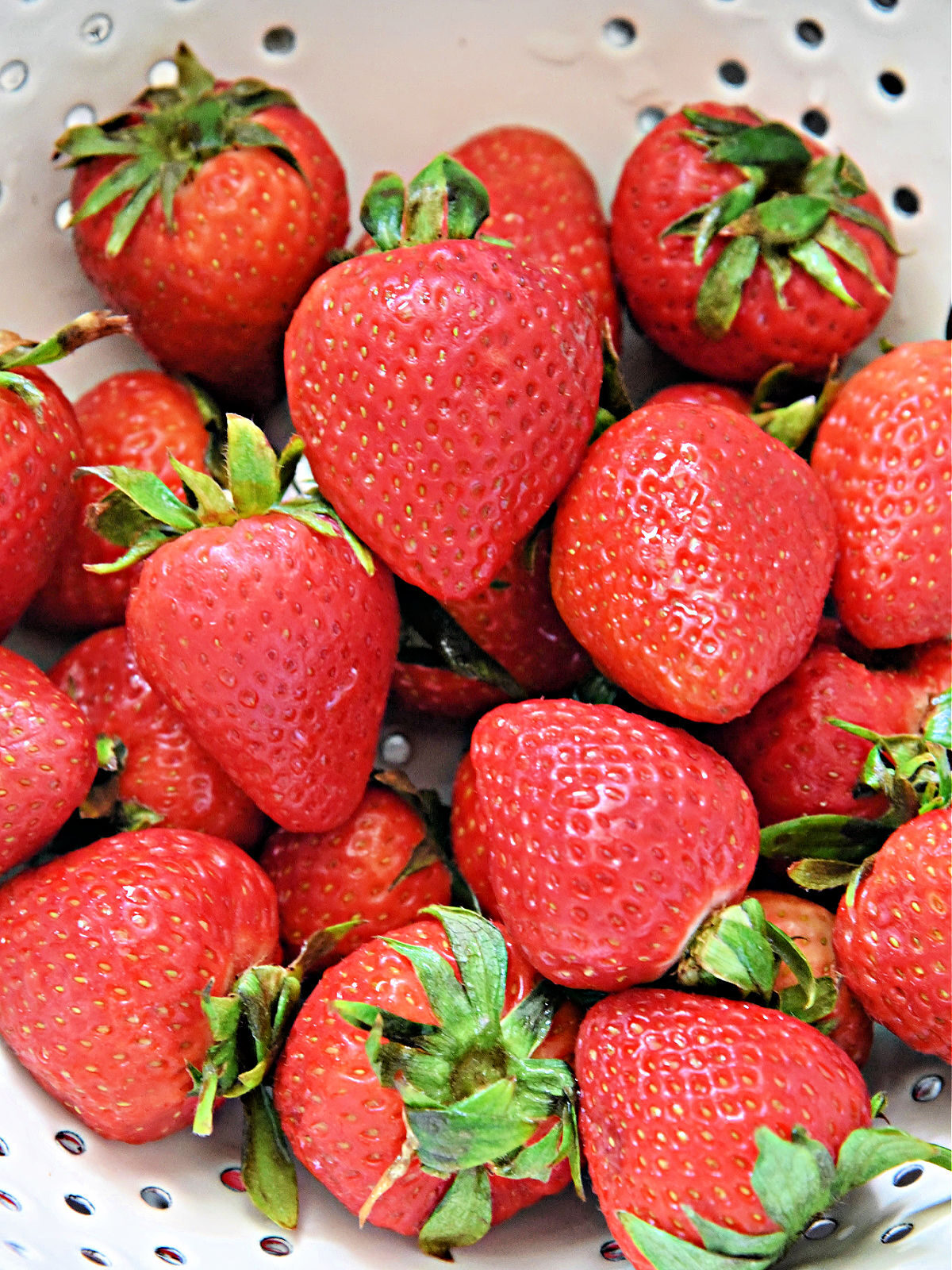 Strawberries draining in a collander.