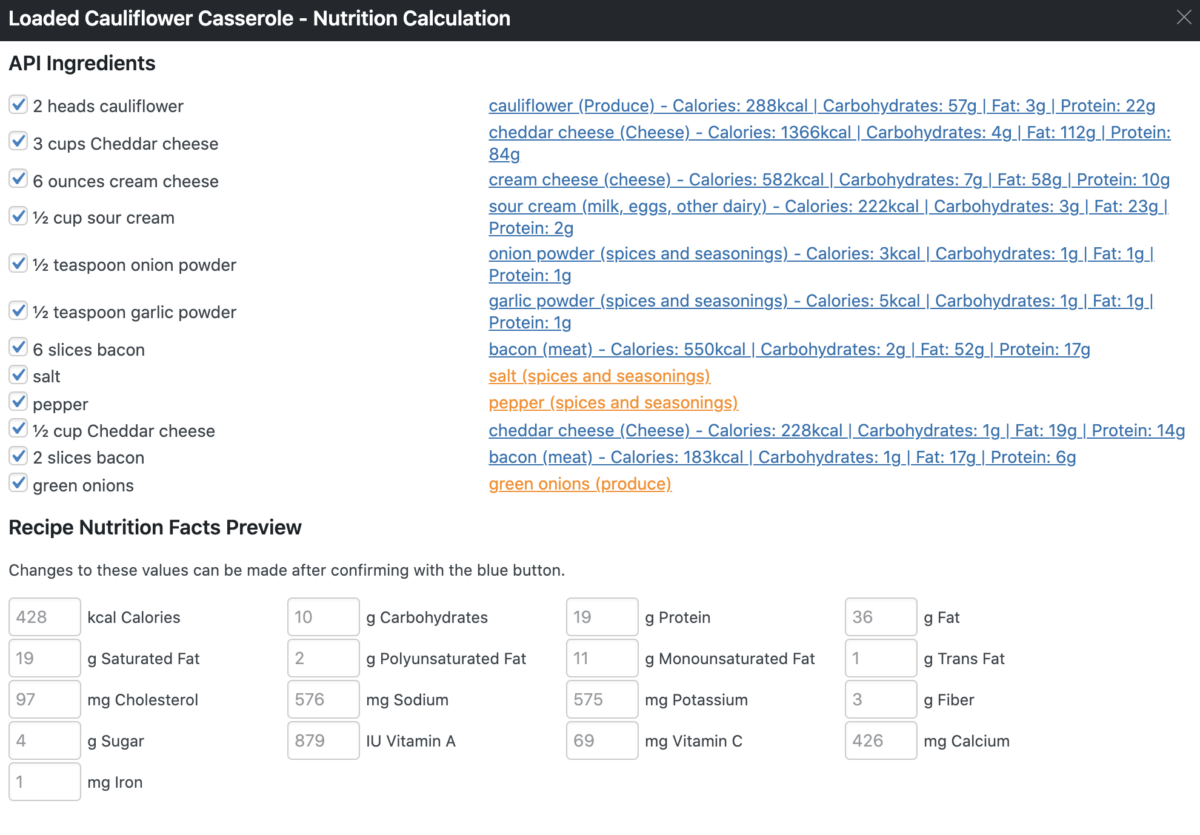 Screenshot of the nutrition values of the ingredients in a cauliflower casserole.