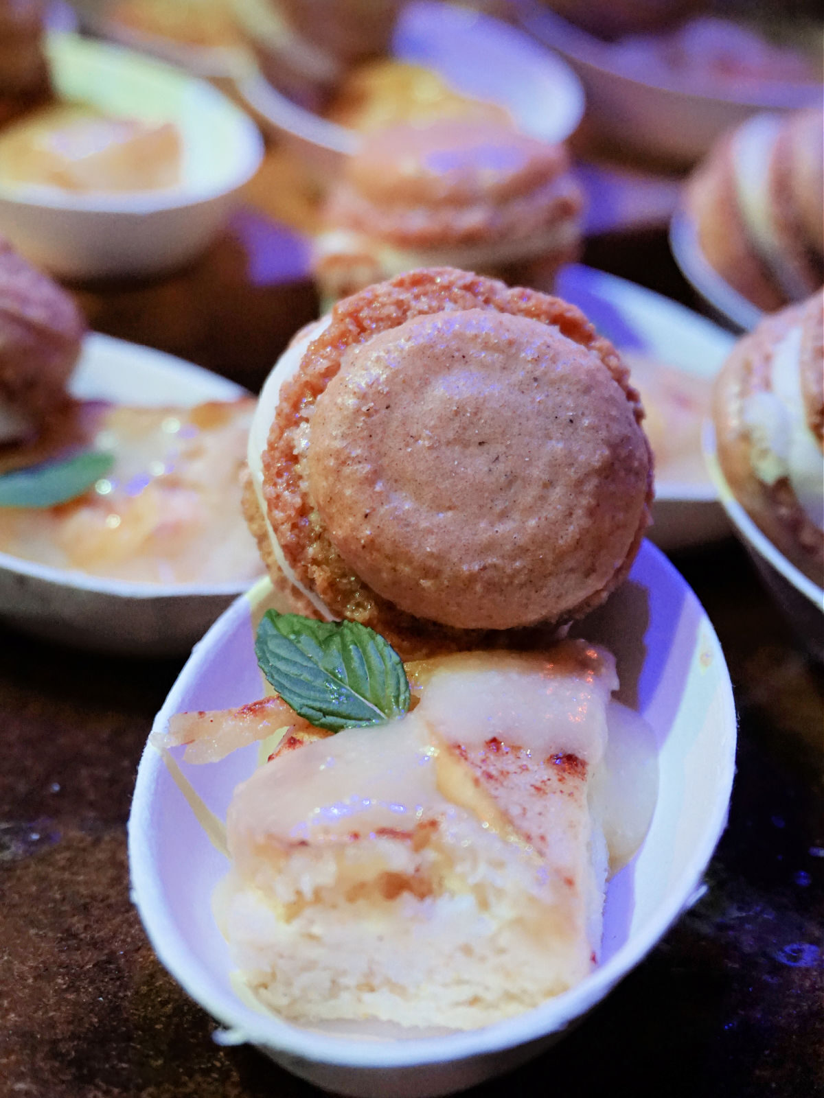 Sample of chai bread pudding and macaroon.