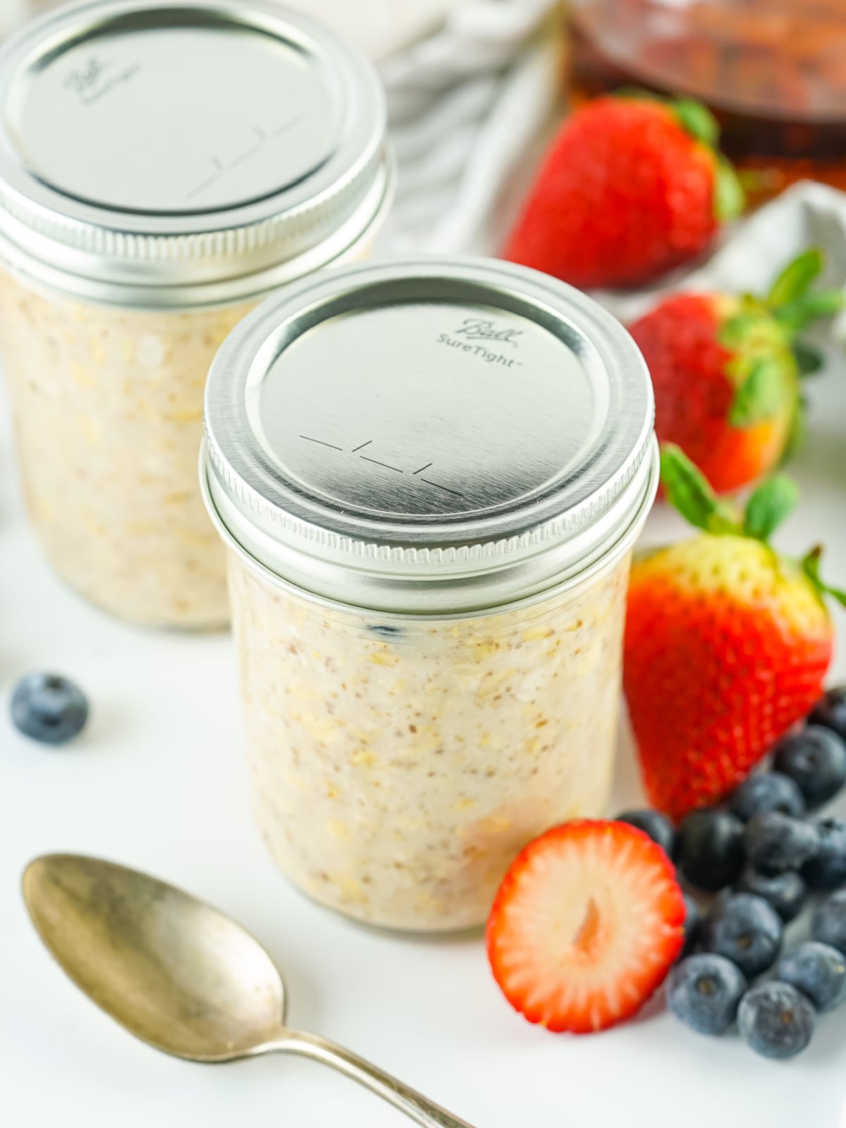 Overnight oats in glass jars.