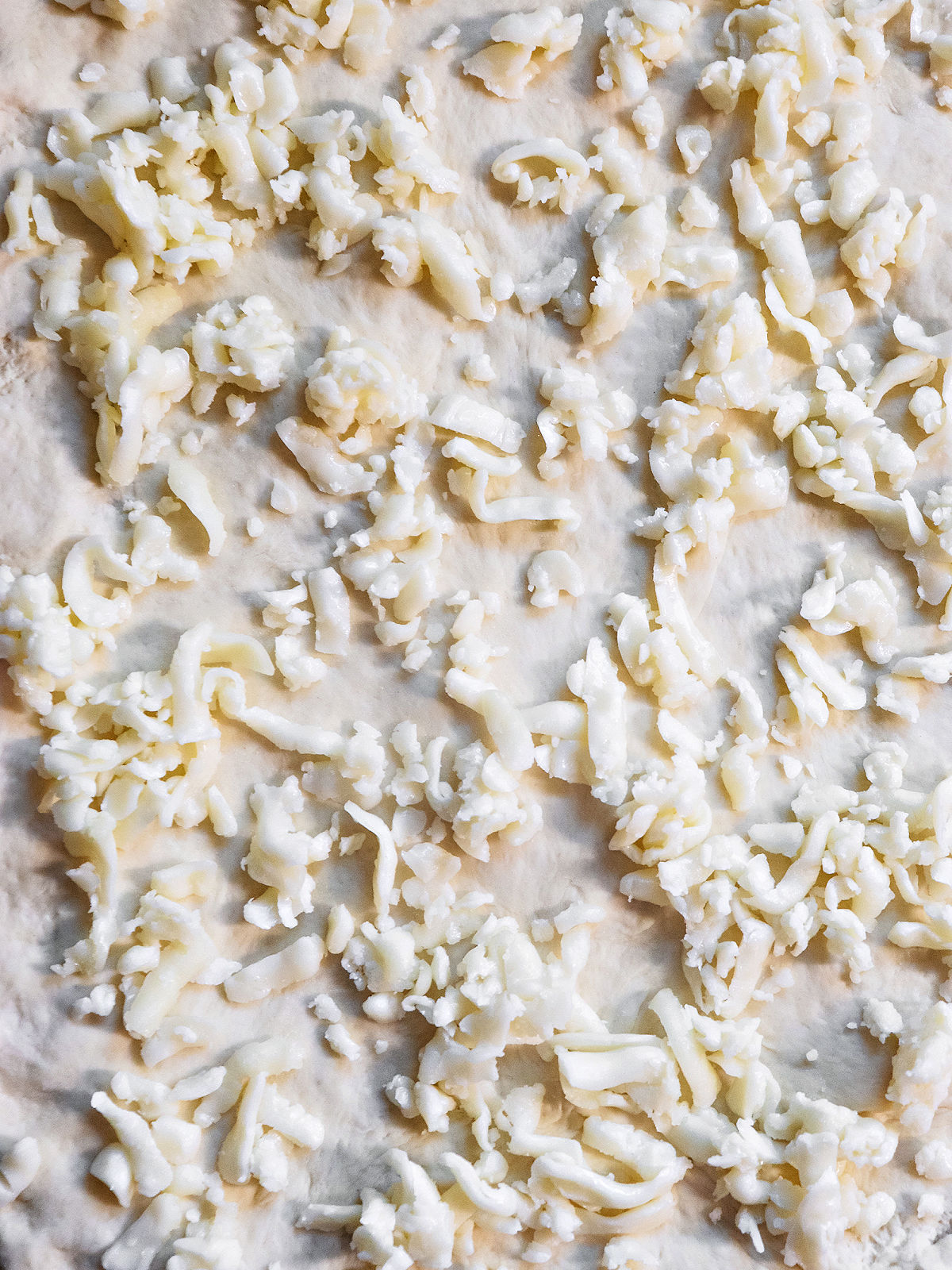 Rolled pizza dough topped with mozzarella cheese.