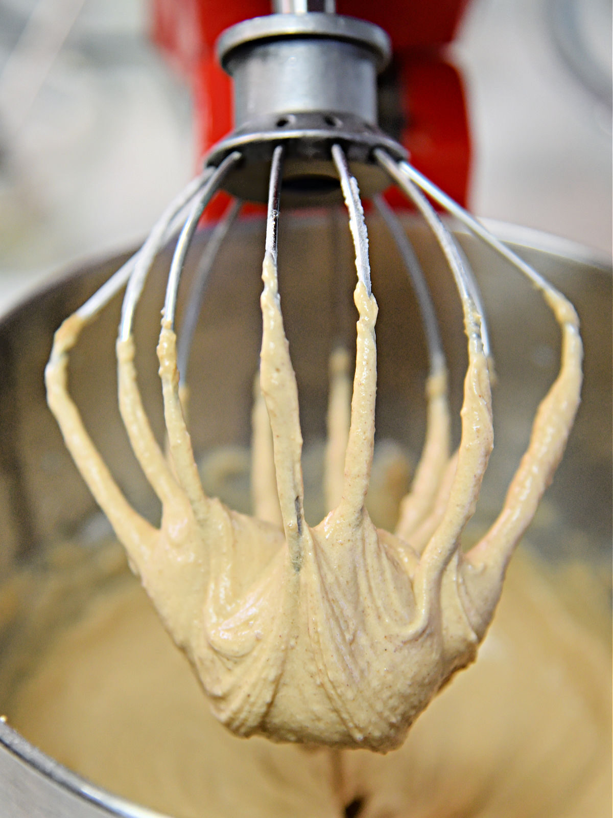 Peanut butter cupcake batter on a beater.