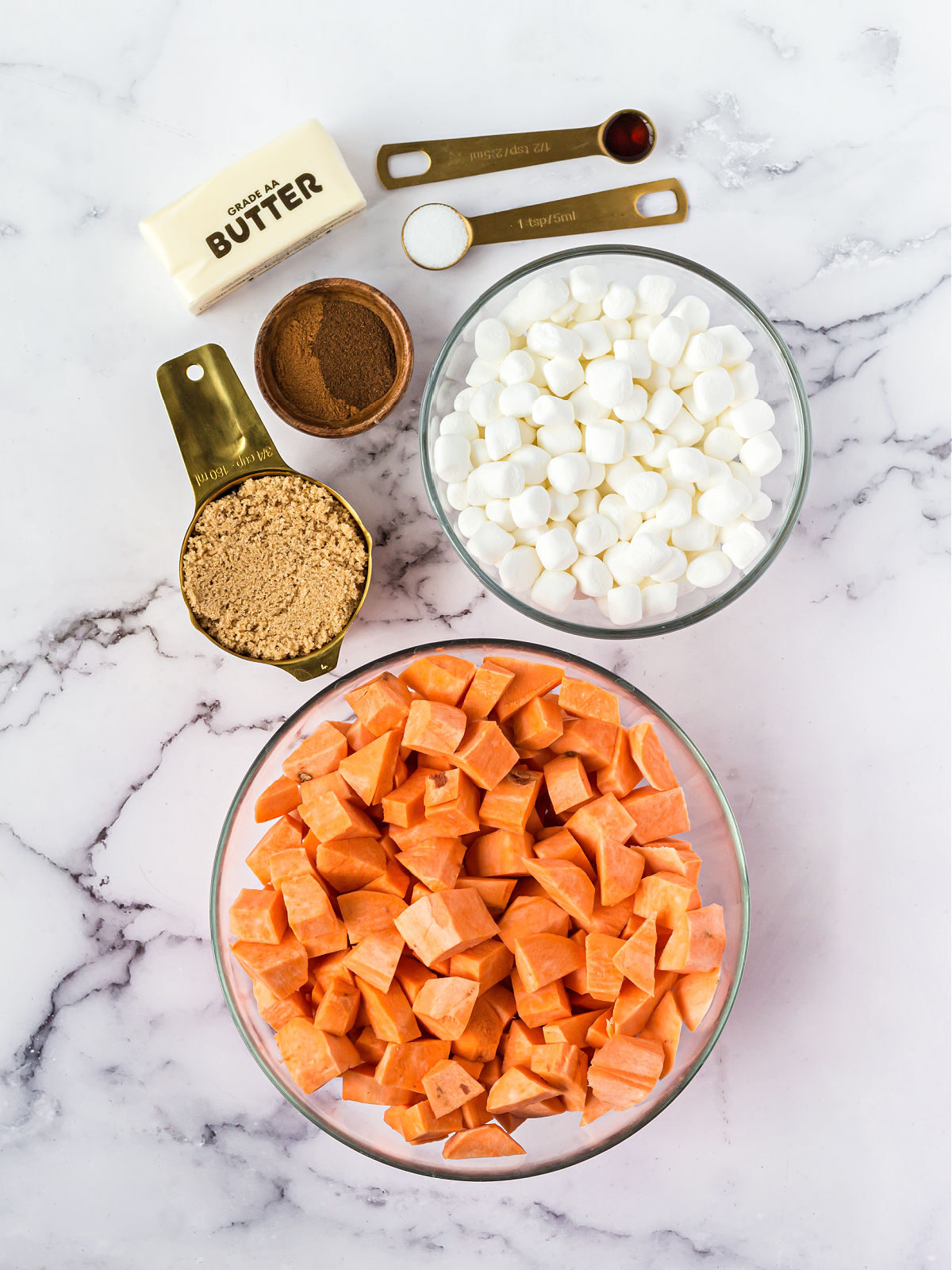 Diced sweet potatoes, miniature marshmallows, brown sugar, and seasoning.