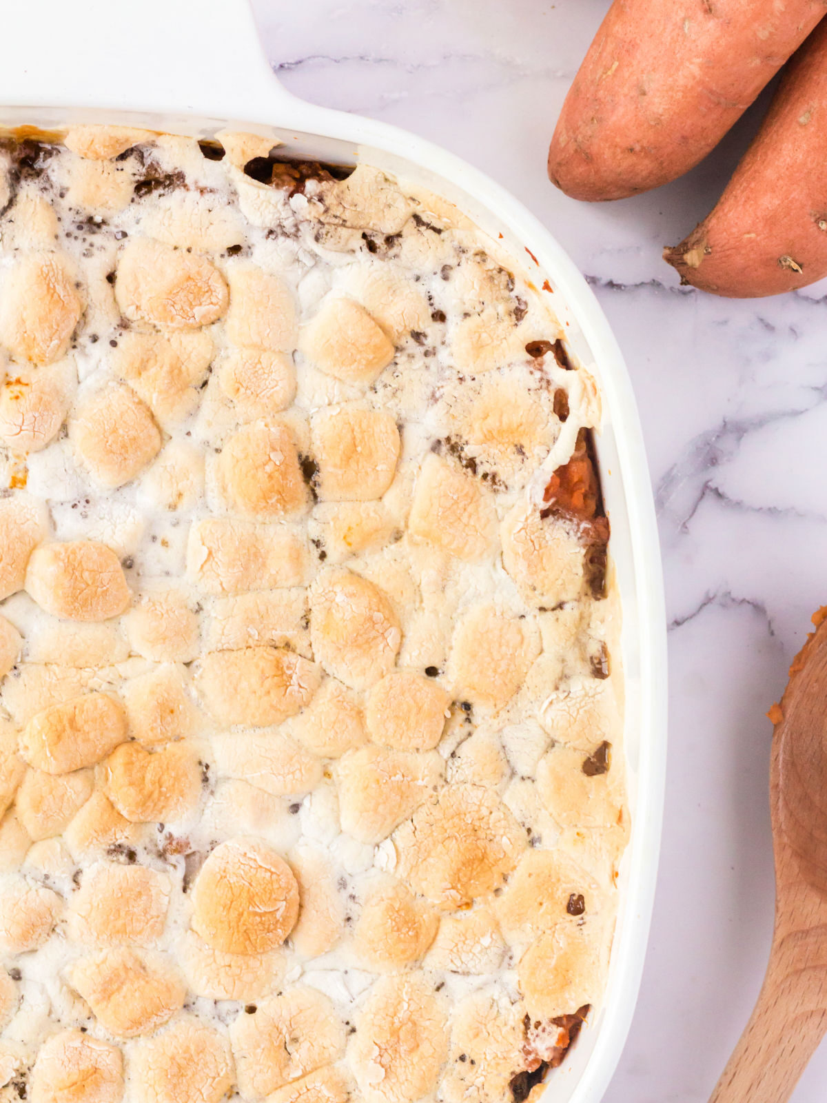 Homemade sweet potato casserole in a baking dish.