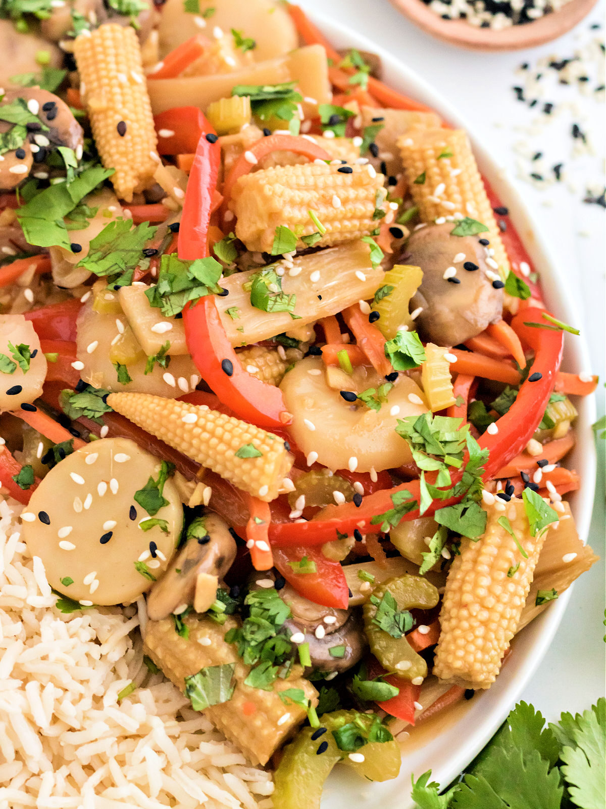 Stir fried veggies in a bowl with rice.