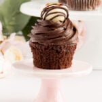 Chocolate cupcake with chocolate frosting and chocolate covered strawberry on a pedestal.