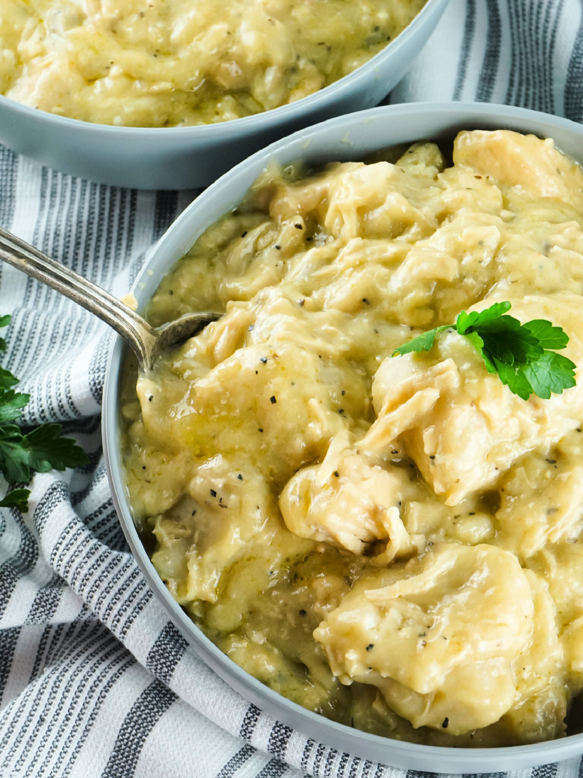 Bowl of chicken and dumplings with a spoon.