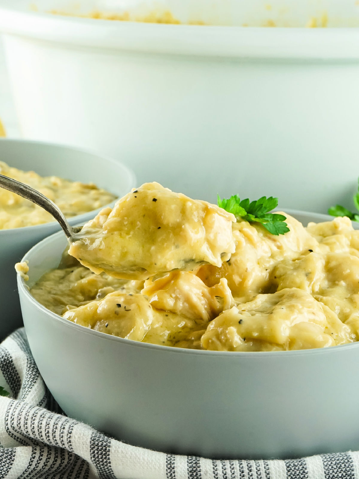 Bowl of slow cooker chicken and dumplings.