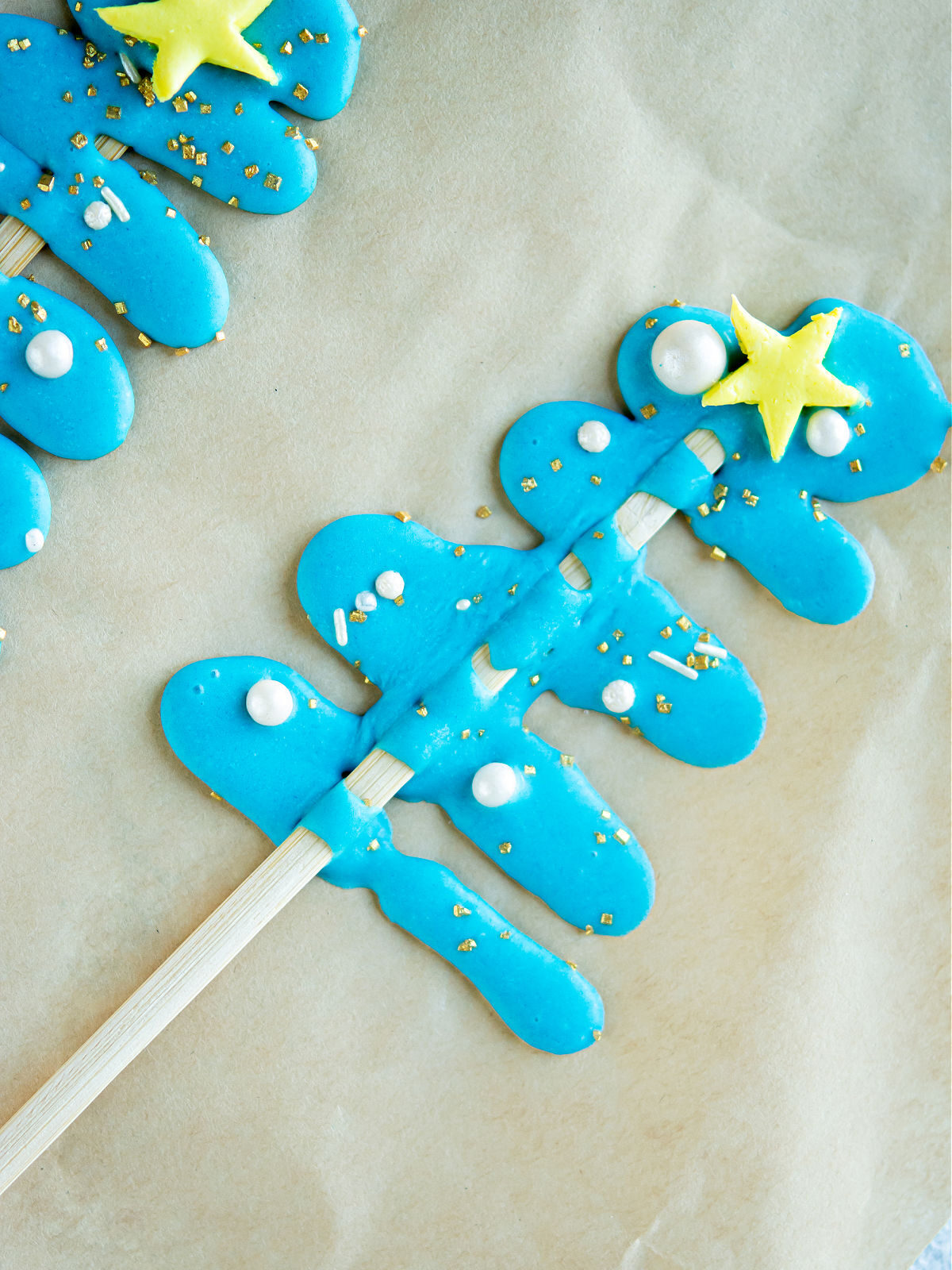 Melted blue white chocolate Christmas trees.