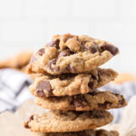 Stack of eggless chocolate chip cookies.