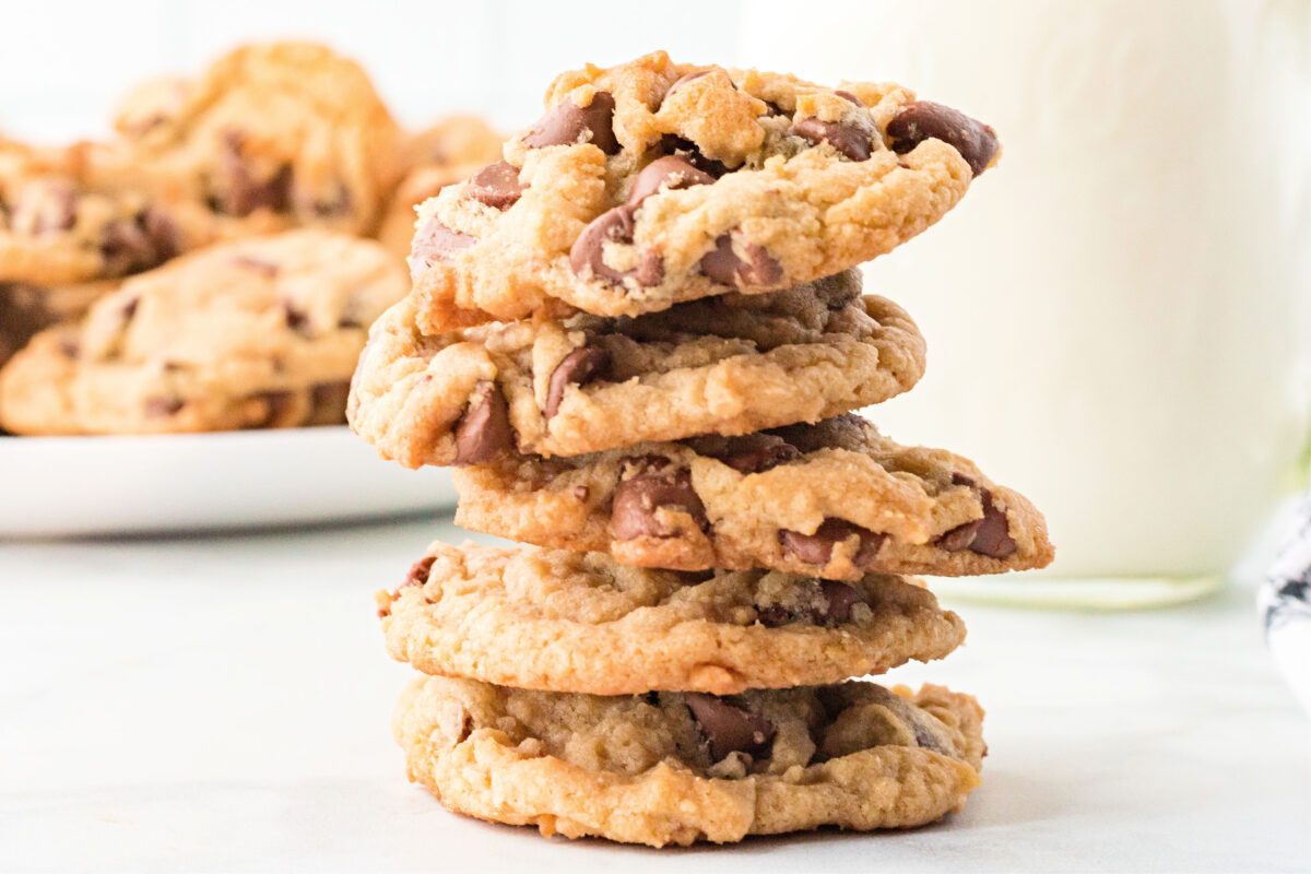 Stack of chocolate chip cookies.