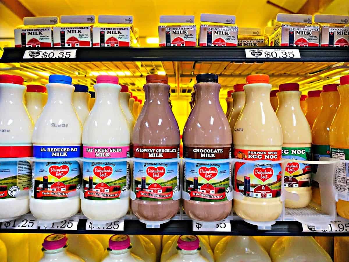 Milk at Lamers Dairy Bottles of fresh milk for sale.