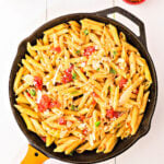 Cast iron skillet with arrabiata pasta.