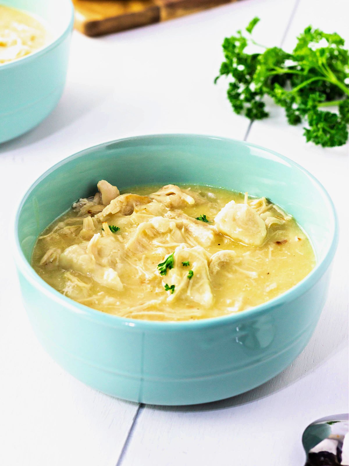 Bowl of chicken and dumplings topped with garnish.
